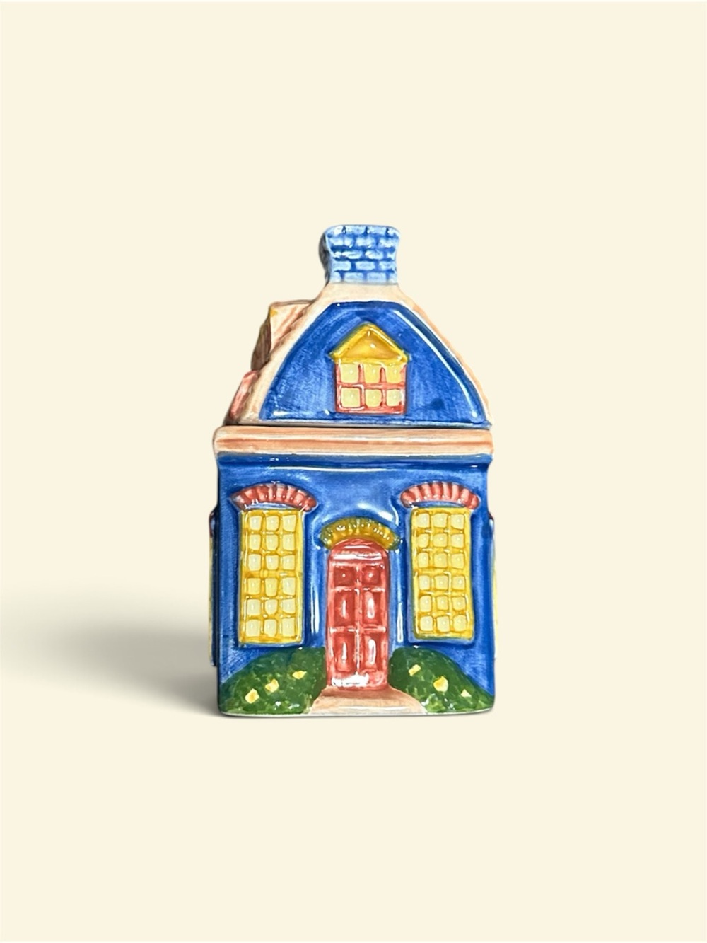 Rare vintage Collectable Avon Blue Ceramic House Spice Jar with Yellow and Red